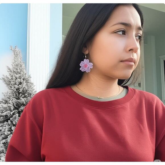 Sakura Cherry Blossom Crochet Earrings Handmade Fish Hook Hypoallergenic - Picture 3 of 4